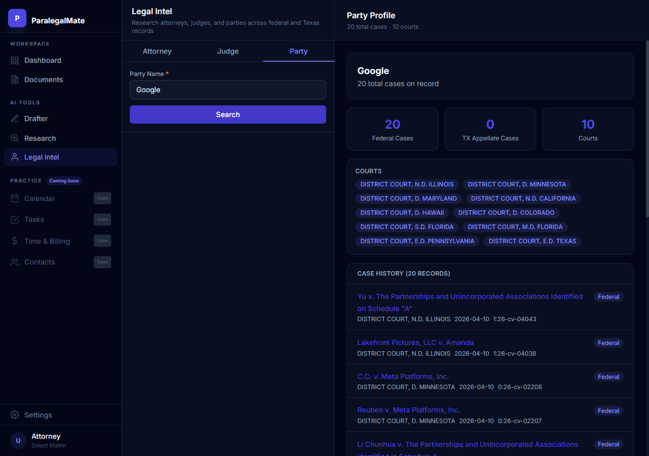 ParalegalMate counsel and party research results