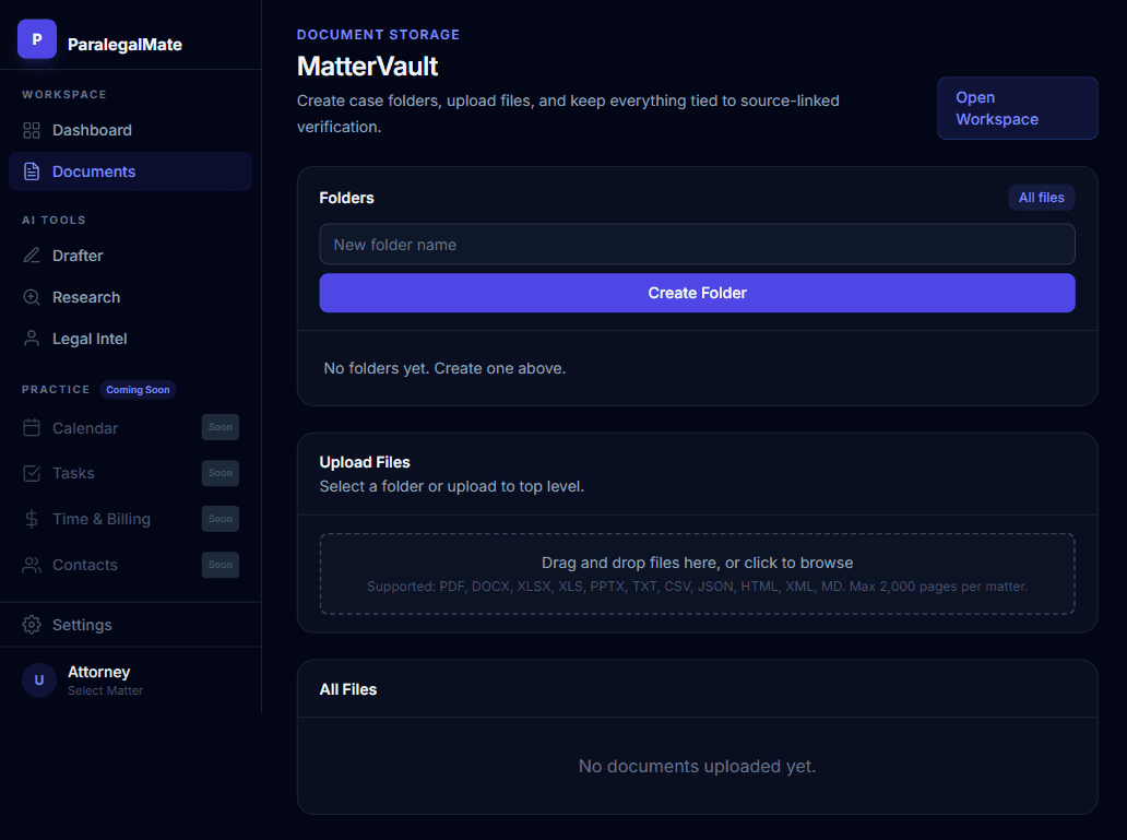 ParalegalMate Matter Workspace showing documents, chronology, and active case management